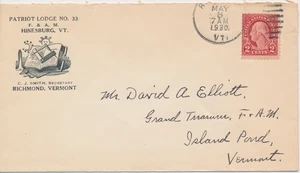 Patriot Lodge no.33 Free & Accepted Masons Hinesburg Vermont 1930Richmond cancel - Picture 1 of 1