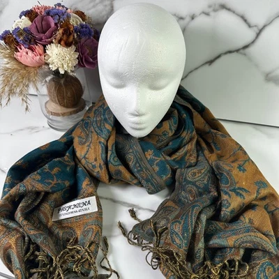 Luxury Pashmina Silk Blend Large Wrap Scarf Teal Gold Paisley Fringe  70"x27" - Image 1 of 4