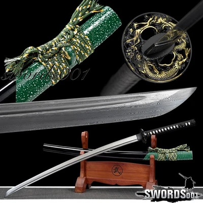 Espada guerrero japonesa samurai katana hoja de acero doblada verde saya dragón tsuba Foto 1 de 4