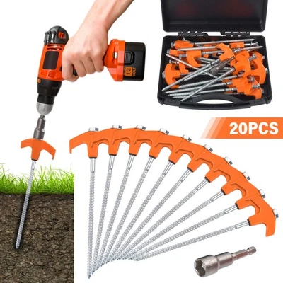 20x Screw In Heavy Duty Drill Top Tent Pegs Set Camping Ground Awning Pegs Case - Image 1 of 4