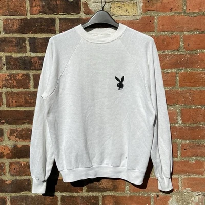 Vintage 70s Playboy Sweatshirt Medium White Flocked Bunny Raglan USA Hefner Rare - Image 1 of 4