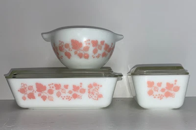 VTG Pyrex Pink Gooseberry Dishes Cinderella Mixing Bowl 441, 502 + 503 with Lids - Image 1 of 4