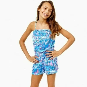 NEW Lilly Pulitzer GIRLS JAYCEE ROMPER Zanzibar Blue Boatylicious Pink XL 12 14 - Picture 1 of 8
