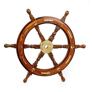 Schiffsrad aus Naturholz Handarbeit mit Messinganker maritim Marine Deko - Bild 1 von 4