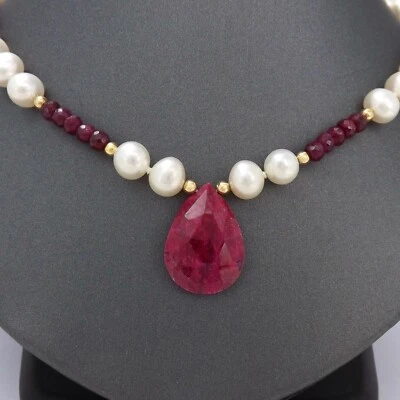 14k Gold Freshwater Pearl Genuine Ruby Teardrop Bead Necklace 22in New - Image 1 of 4