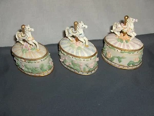 3  Porcelain Carousel Horse Treasure Trinket Ring Boxes Pink Blue Peach  NICE - Picture 1 of 7