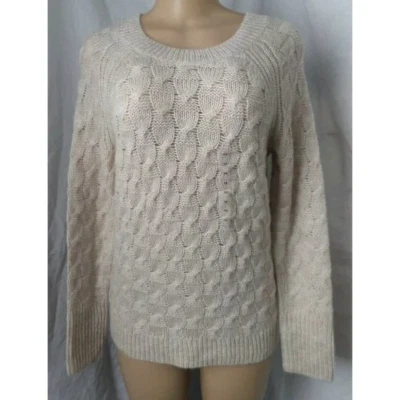 ANN TAYLOR BEIGE CABLE KNIT CREWNECK HI-LOW CAREER CASUAL WOOL SWEATER SZ: M NWT - Image 1 of 4