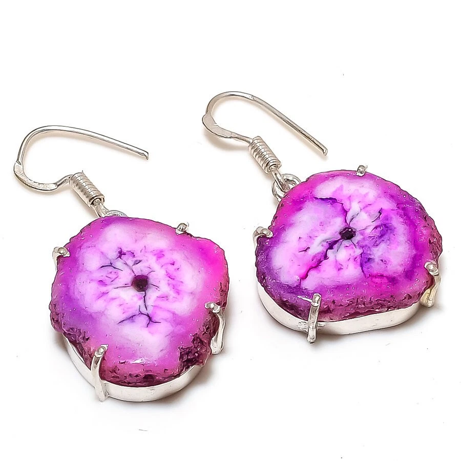 Purple Solar Quartz Druzy Gemstone Silver Plated Dangle Earrings Jewelry 2" - Image 1 of 1