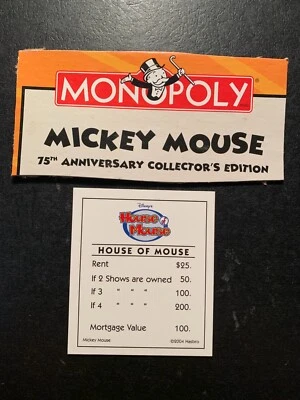 Monopoly  Mickey Mouse   HOUSE OF MOUSE   Title Deed Card    2004 - Image 1 of 4