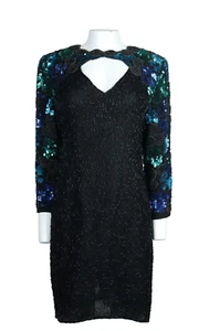 Vtg LA SCALA US Women’s PM MP Black Silk Beaded Evening Party Dress Open Front - Picture 1 of 14