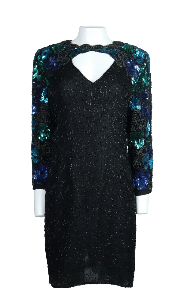 Vtg LA SCALA US Women’s PM MP Black Silk Beaded Evening Party Dress Open Front - Image 1 of 4