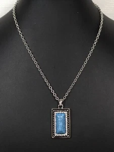 Western Coastal Blue Faux Turquoise Rectangle Rhinestone Pendant Necklace 20 in - Picture 1 of 9