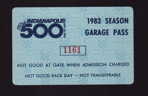 1983 Indy 500 Garage SEASON Ticket Pit Pass Indianapolis SNEVA WINS BRICKYARD Cover