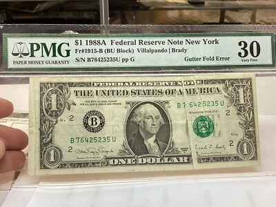 $1 1988A PMG 30 Gutter Fold Error Fr#1915-B - Image 1 of 4
