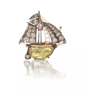 Yellow CZ Vintage Style Brooch 925 Sterling Silver Men's Lapel Pin Boat Jewelry - Picture 1 of 1