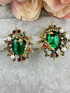 Vintage Inspired Earrings Rhinestone Colored Crystals Faux Pearl Earrings - Picture 1 of 3