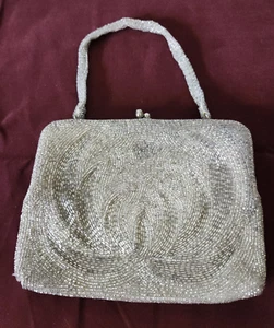 Vintage Silber Glasperlen Swirl Design Handtasche/Geldbörse mit optionalem Perlengriff - Bild 1 von 8