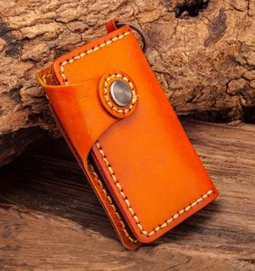 C76 Orange Men Punk Star Genuine Leather Card Holder Keychain Key Case For Women - Picture 1 of 12