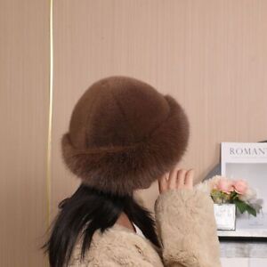 Women Bucket Hat Cap Faux Fur Fluffy Plush Russian Cossack Ski Winter Warm