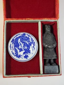 Vintage Onyx Stone Chinese Name Stamp Michael Porcelain Ink Holder Office Decor - Picture 1 of 19