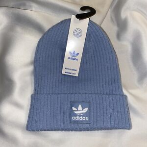 NEW Adidas Originals Ribbed Trefoil Logo Womens Beanie Hat Light Sky Blue