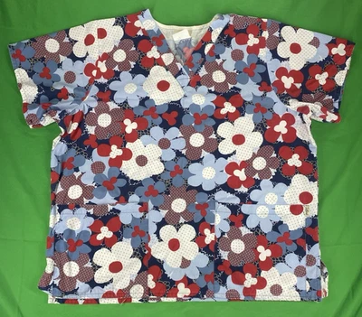 Large Red White and Blue Flower Patterned Tafford Scrub Top - Image 1 of 4
