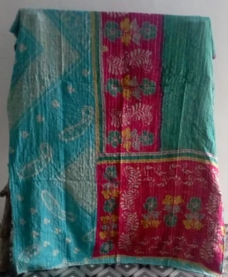 Cotton Handmade Twin Blanket Quilt Indian Gudari Vintage Bedspread Kantha Throw - Image 1 of 2