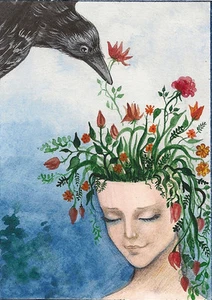 IMPRESIÓN ACEO DE PINTURA CUERVO RYTA ARTE FLOR POPULAR bruja pagana mágica Halloween 🙂 - Imagen 1 de 1