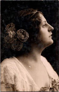 Vintage Postcard Woman Dress Flowers Side Portrait - Picture 1 of 2