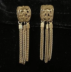 VTG LITTLE NEMO Filigree Cubes Foxtail Fringe Dangle EARRINGS Gold Tone SIGNED - Bild 1 von 7