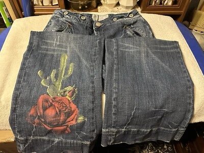 Virgin Only Women’s Painted Jeans Rose and Cactus Design Size 11 - Image 1 of 4
