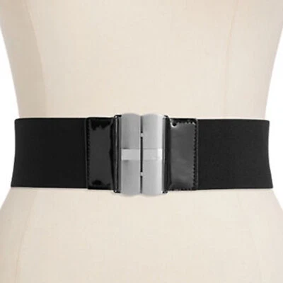 RALPH LAUREN Black Stretch Logo Silver Buckle Patent Leather Wide Belt L - Image 1 of 4