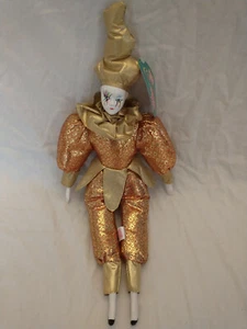 Clown Doll Sugar Loaf 19" Harlequin Mardi Gras Jester Doll Classic Gold Party - Picture 1 of 9