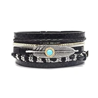 Feather Leather Wrap Bracelets for Women Handmade Braided Boho Multi black - Image 1 of 3