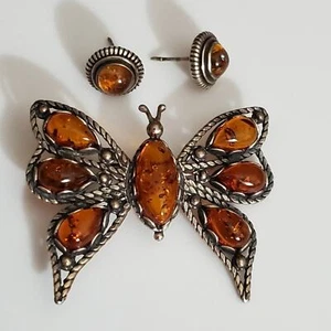 Vintage Sterling Baltischer Bernstein Schmetterling Polen Handarbeit mit Ohrringen 925 Set - Bild 1 von 16