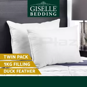Giselle Bedding Pillow Duck Down Feather Pillows Twin Pack Cotton Cover Hotel - Picture 1 of 11
