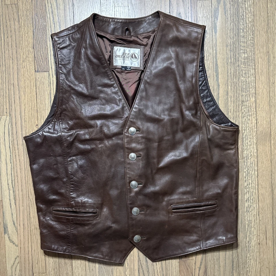 Chaleco de cuero marrón vintage SEA DREAM para hombre talla XL botones de níquel búfalo real Foto 1 de 4