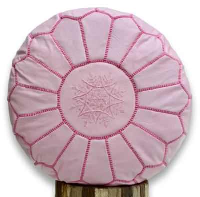 MOROCCAN LIGHT PINK LEATHER  POUFFE FOOTSTOOL BEANBAG OTTOMAN **HANDMADE** - Image 1 of 4