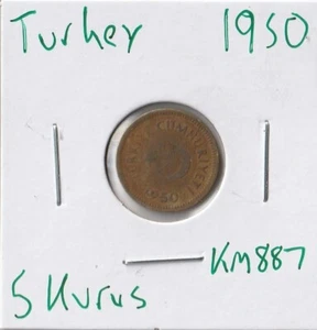Moneda Turquía 5 Kurus 1950 KM887 - Imagen 1 de 2