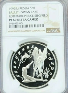 1997 RUSSIA SILVER 3 ROUBLE BALLET SWAN LAKE NGC PF 69 ULTRA CAMEO RARE TOP POP - Picture 1 of 4