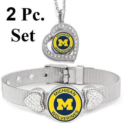 2 PcSet Michigan Wolverines Womens Sterling Silver Necklace With Bracelet Cover