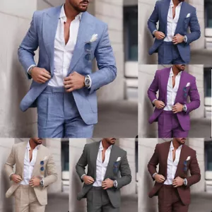 Trajes de lino para hombre 2 piezas solapa pico verano boda novio informal blazer esmoquin - Imagen 1 de 17