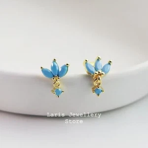 Gold Plated Dangling Blue Turquoise Marquise Geometric Stud Earrings - Picture 1 of 4