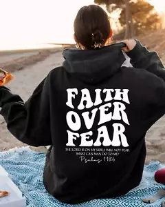 Faith Over Fear Unisex Cap Hoodie Coat White/Black Pullover Hoodie - Picture 1 of 8