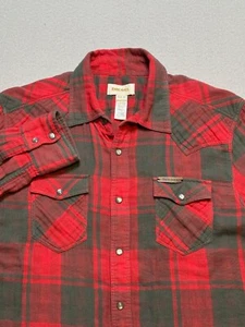 Diesel Flannel Pearl Snap Shirt Red Gray Plaid Check Pattern Men's Medium - Picture 1 of 7