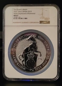 🔥2022 UK Great Britain 10oz silver Queen's Beast Greyhound of Richmond NGC MS67 - Picture 1 of 4