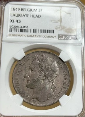 1849 Belgium Silver 5 Francs NGC XF45 Laureate Head 5F - Image 1 of 4
