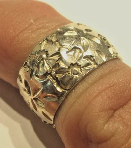 ANILLO DE BODA PLATA ESTERLINA ANTIGUO VINTAGE GRABADO PATRÓN DE FLORES TALLA M 1/2 - Imagen 1 de 2