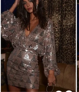 12th Tribe Copper Silver Sequin Wrap Dress Long Sleeve Sz M Holiday Club Stretch - Picture 1 of 12