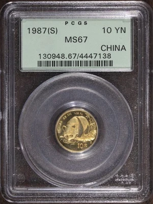 1987-(S) (MS67) 1/10 OZ Gold Panda 10 Yuan PCGS - RARO EN OGH Foto 1 de 2